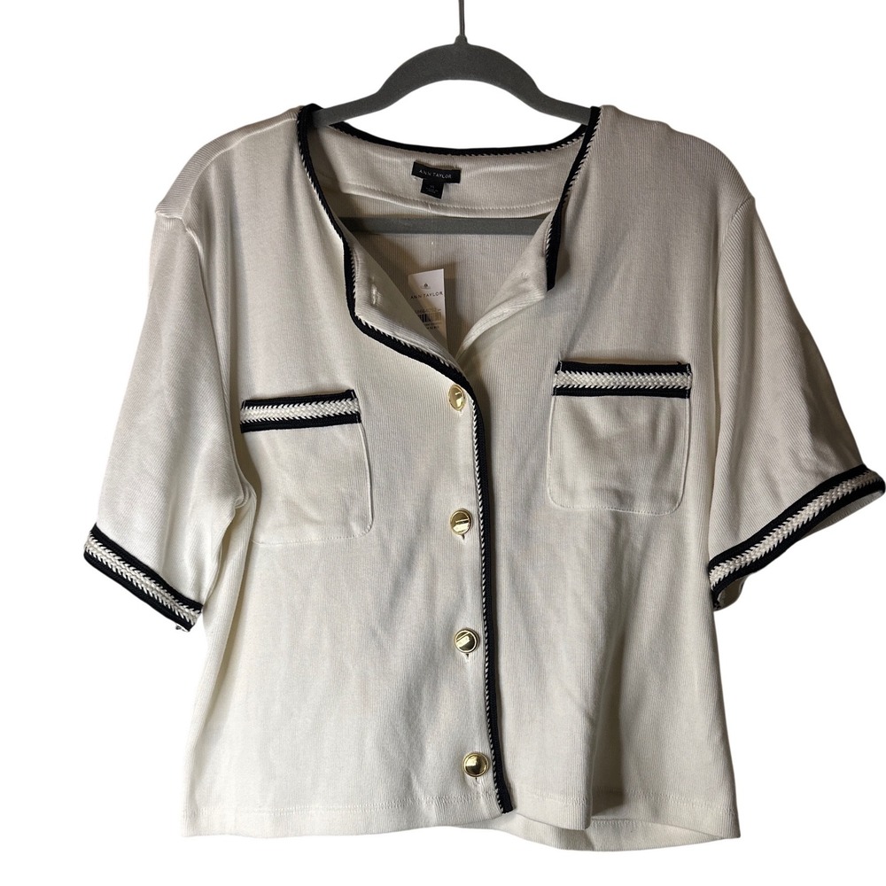 Ann Taylor Womens Short Sleeve Cardigan Sweater Ivory & Black NWT XL